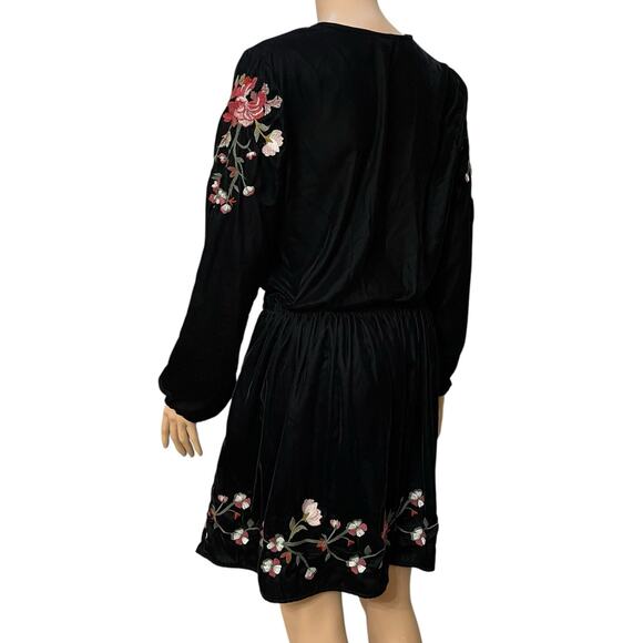 Ana Velvet Floral Embroidered Dress Medium Black Boho Fit And Flare Tasseled - Picture 5 of 10